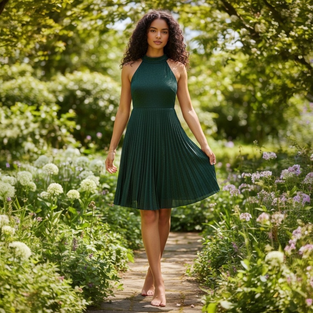 Closet London‎ Green Pleated Midi Dress Shimmer High Neck Tie Back JD8980 US 10